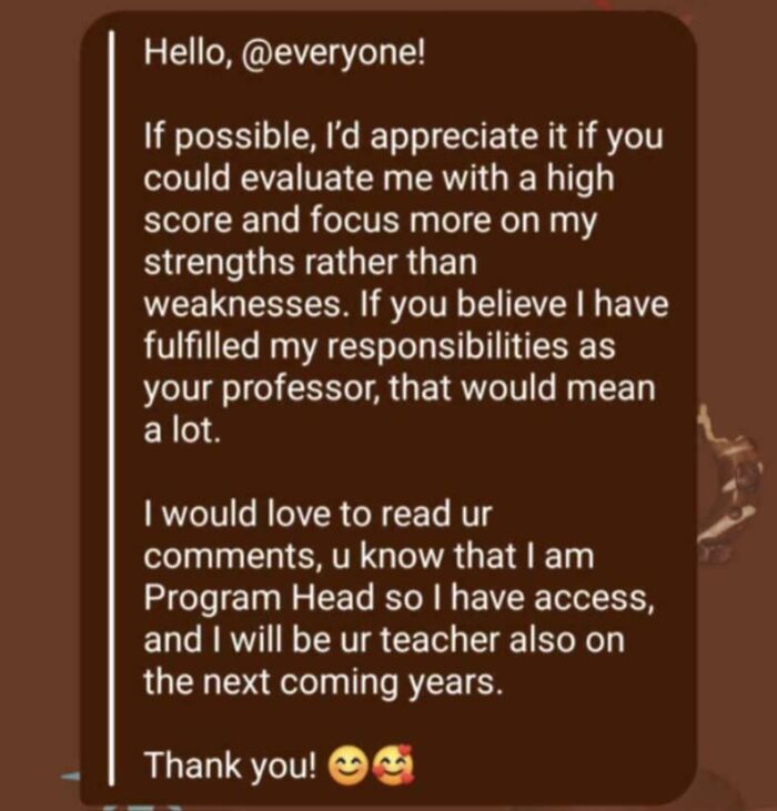Text message from a teacher requesting positive evaluations, referencing their role as Program Head.