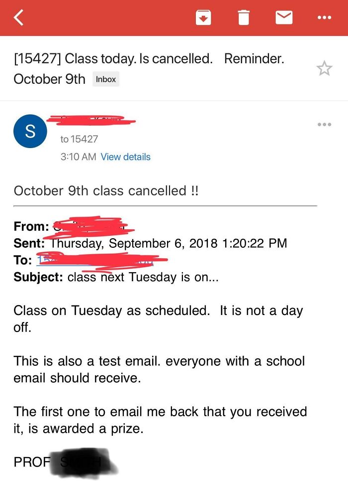 Frustrating email from teacher announcing class cancellation and then stating the class is not canceled, causing confusion.