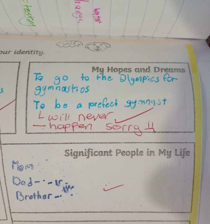 Child's hopes about becoming a gymnast with discouraging teacher's note, showing bad teacher influence.