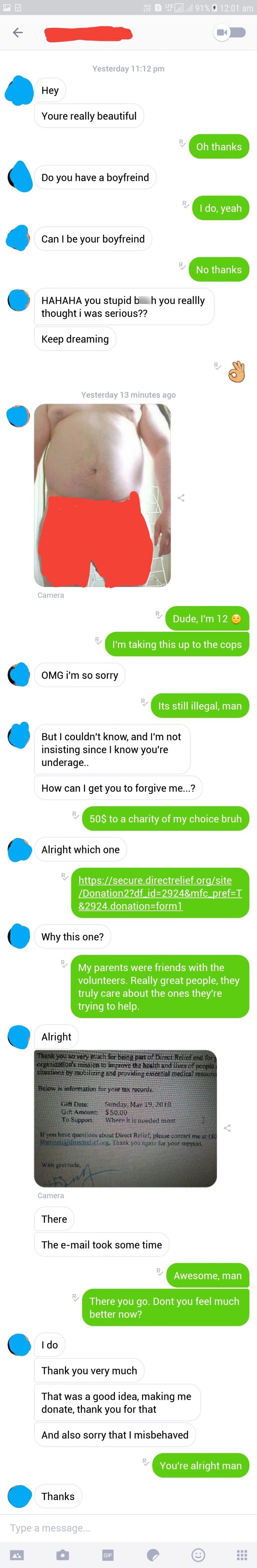 Screenshot of a conversation between a woman and a man, highlighting a woman's response to creepy DMs.