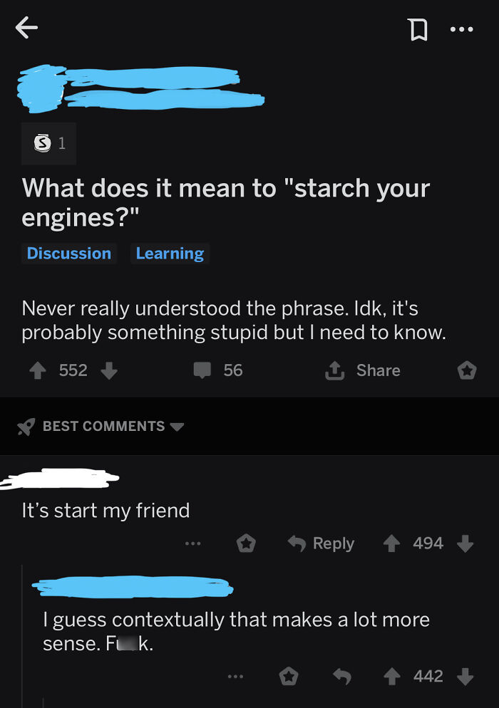 Reddit post with a grammar mistake making the grammar police cringe; misuses "starch" instead of "start."