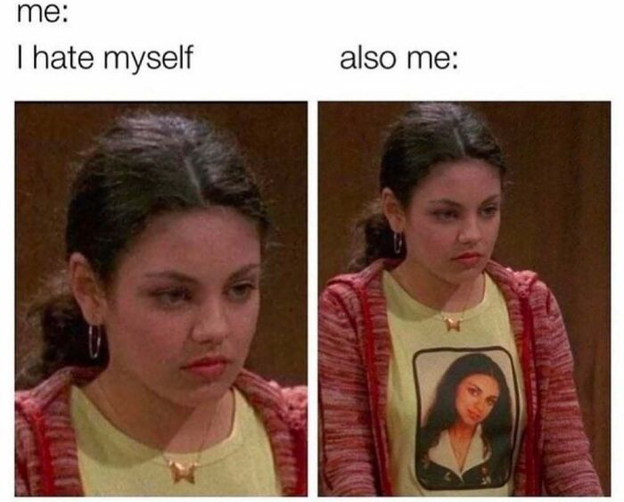 Person in red sweater with a matching image shirt; meme about self-perception and irony.