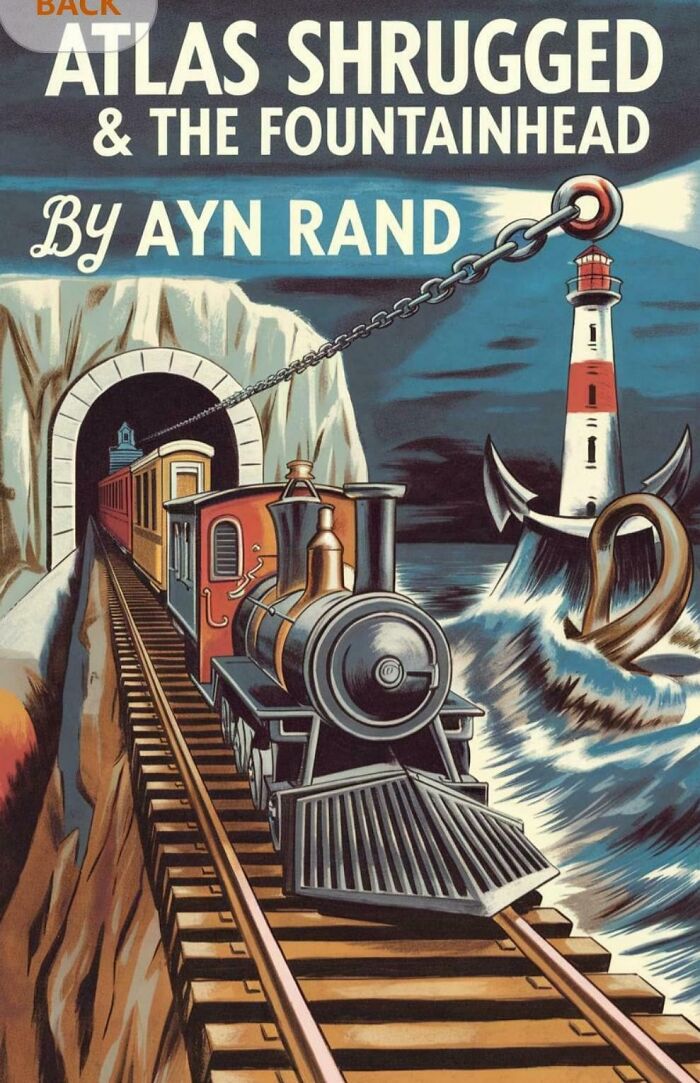 Retro book cover design featuring a train, lighthouse, and large anchor emerging from waves, representing poorly designed books.