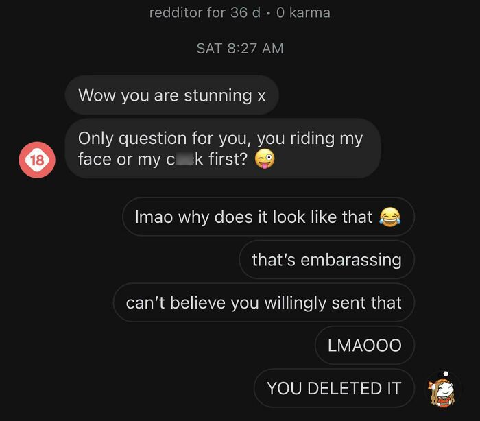 Screenshot of a conversation where a woman responds to creepy DMs with sarcasm and humor.