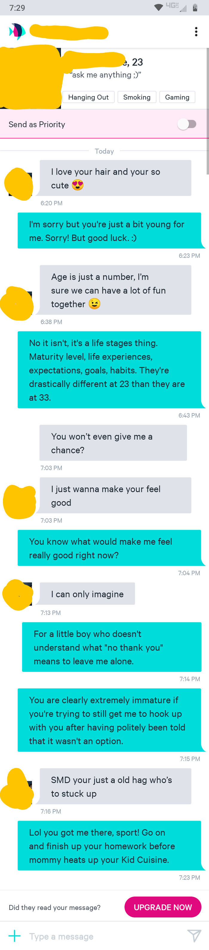 Chat exchange showing a woman responding firmly to creepy DMs with sarcasm and boundaries.