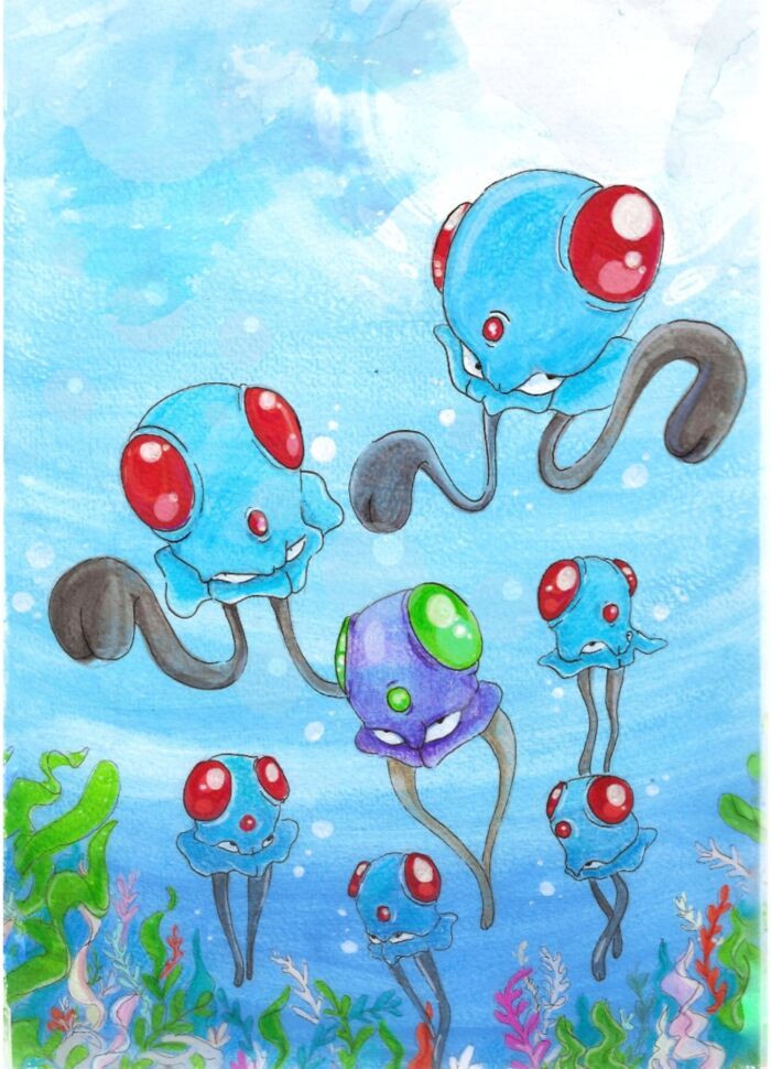 Beautifully hand-drawn Pokémon art with aquatic-themed creatures swimming in a vibrant underwater scene.