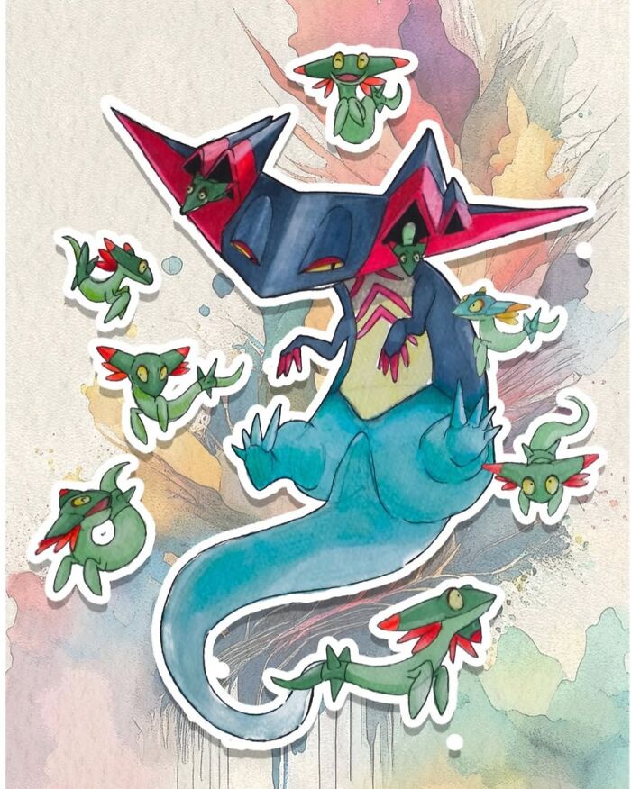 Hand-drawn Pokémon art featuring a colorful dragon-like creature with green leaf accents and vibrant background.