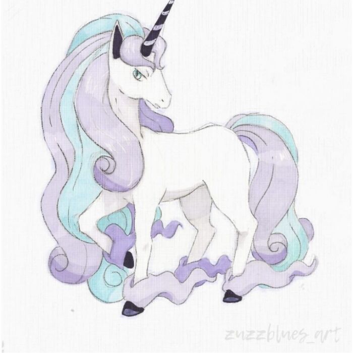 Hand-drawn Pokémon art featuring a unicorn-like creature with pastel colors and flowing mane.
