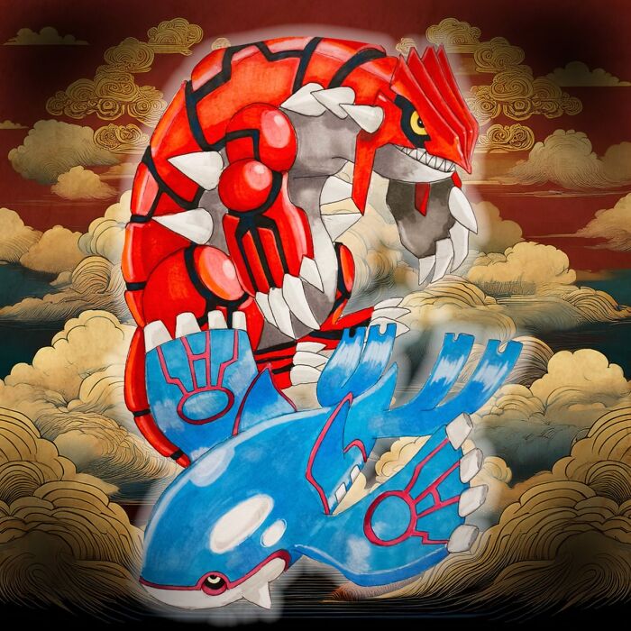 Hand-drawn Pokémon art featuring vibrant characters in a stylized cloud background.