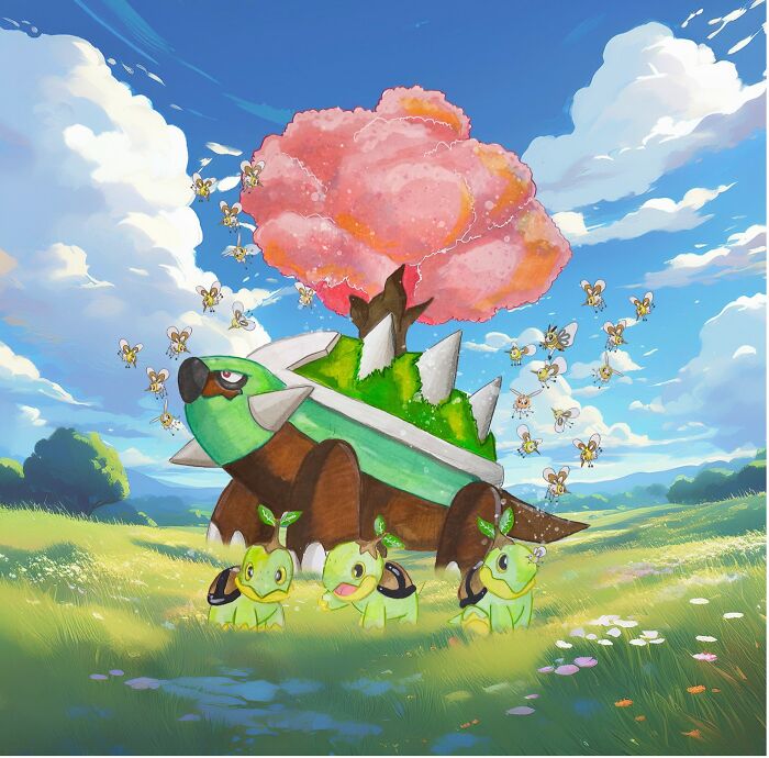 Hand-drawn Pokémon art featuring Torterra with a blossoming tree and playful Turtwigs in a sunny meadow.