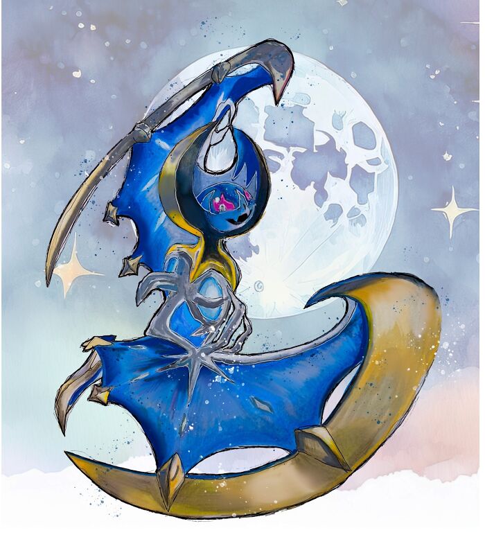 Hand-drawn Pokémon art featuring a celestial-themed creature with blue and gold tones against a moonlit background.