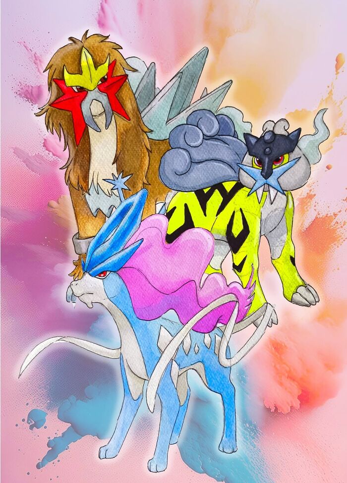 Beautifully hand-drawn Pokémon art featuring legendary creatures in vibrant colors.