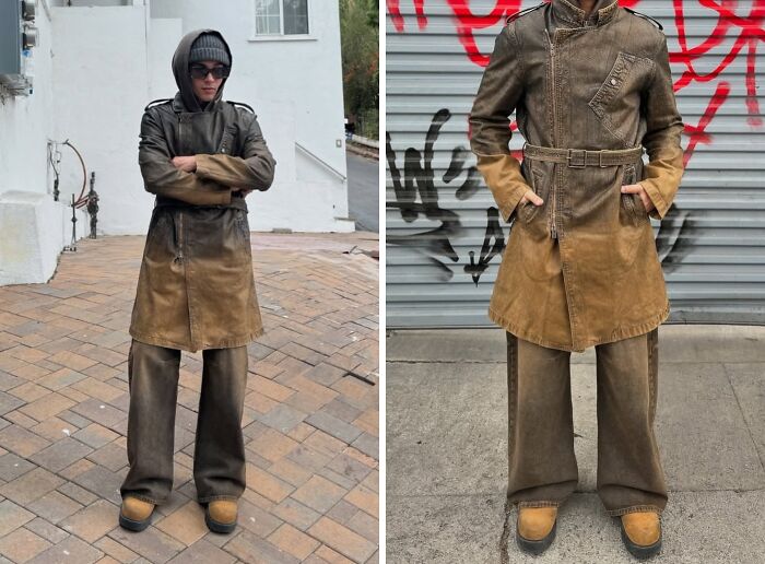 Fashion risks: person in layered outfit, long coat, wide pants, and boots in urban settings, showcasing unique style.