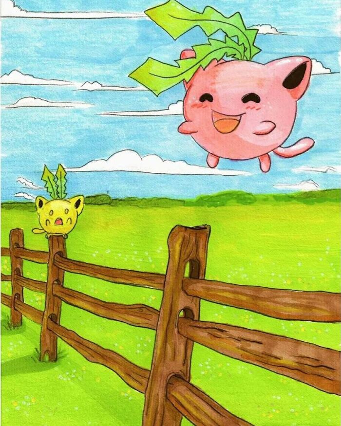 Hand-drawn Pokémon art featuring two characters with leaves, one jumping over a wooden fence in a vibrant green field.