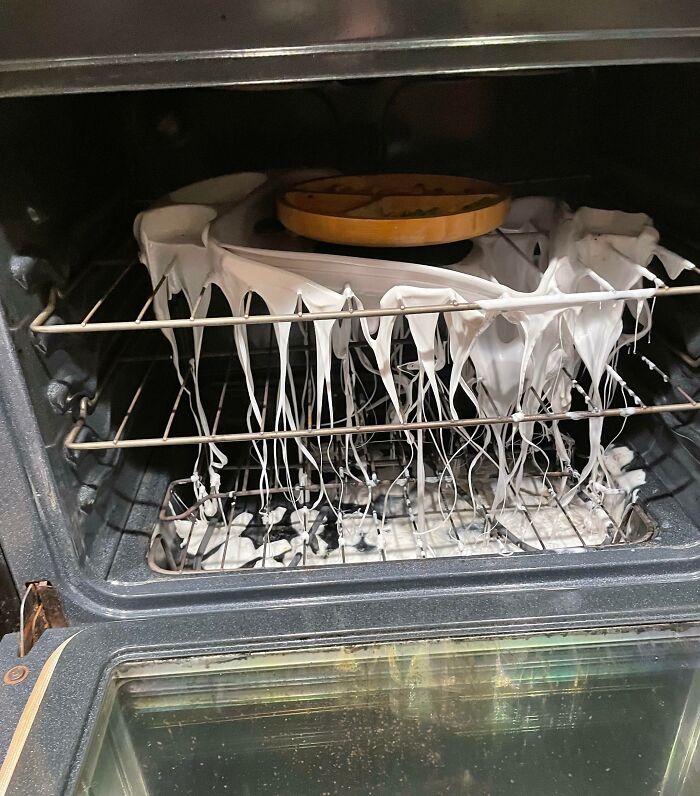 Melted plastic mess in oven, likely caused by annoying boyfriends and husbands mishap.