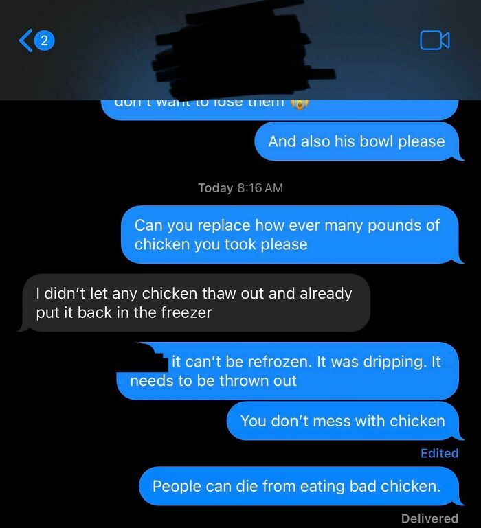 Text conversation about chicken between an annoyed partner and their boyfriend.