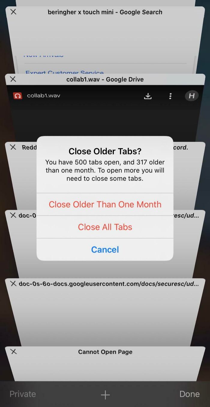 Phone screen with many open tabs, prompting user to close older ones. A possible trait of annoying boyfriends or husbands.