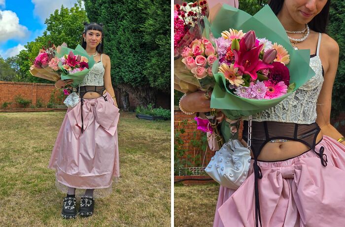 Fashion risk featuring a unique outfit with a lace top, pink skirt, platform shoes, and bouquet of flowers in a garden setting.