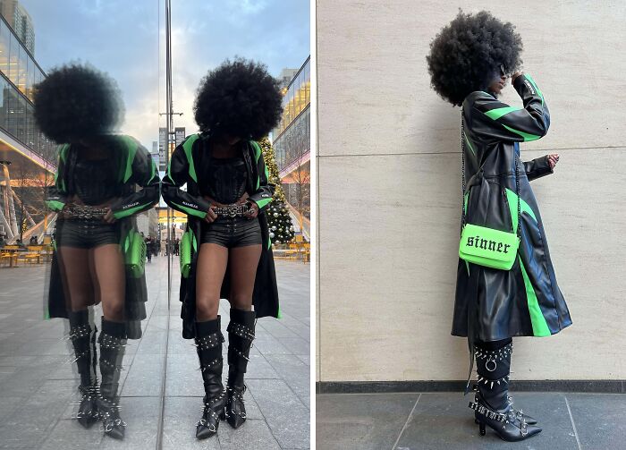 Person in edgy fashion outfit with green accents, knee-high studded boots, and "sinner" bag, confidently nailing their look.