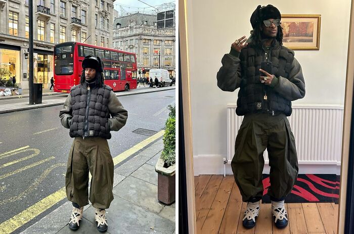 Person embracing fashion risks with a puffer jacket and baggy pants, posing confidently indoors and outdoors.