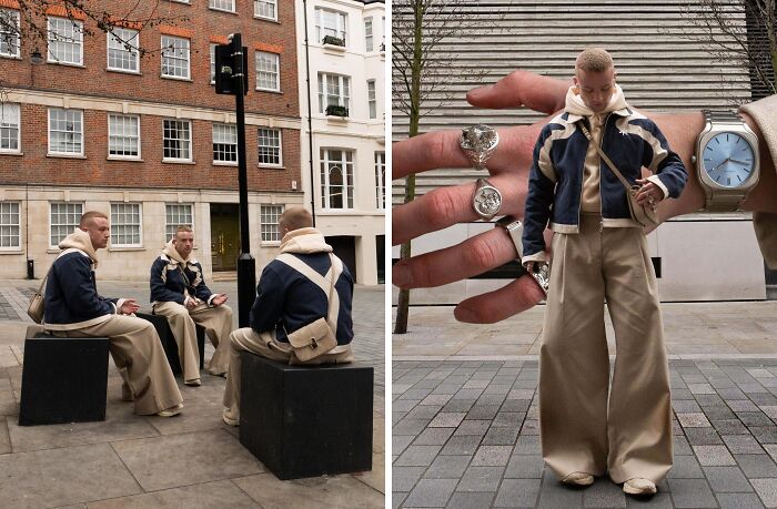 Fashion risks nailed: People in oversized outfits with bold accessories in urban setting.