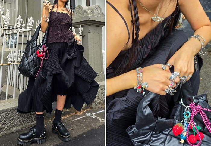 Fashion risk with layered black dress, chunky shoes, and accessorized bag, creating a bold, stylish look.