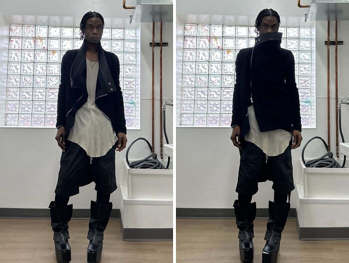 Fashion risks paying off with layered outfit and platform boots in a modern setting.