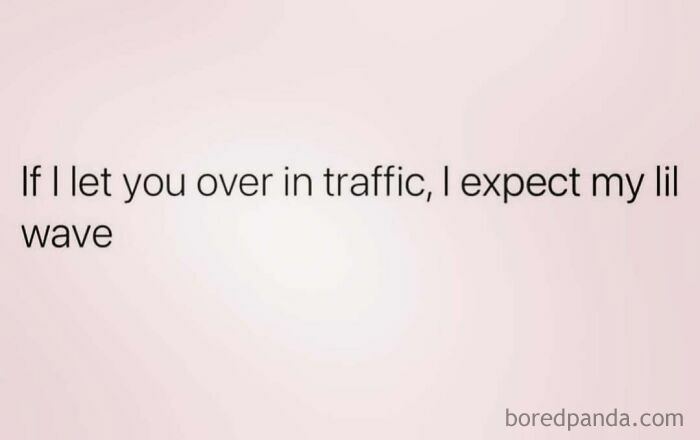 Funny meme from "Women Behaving Badly" about expecting a wave in traffic.