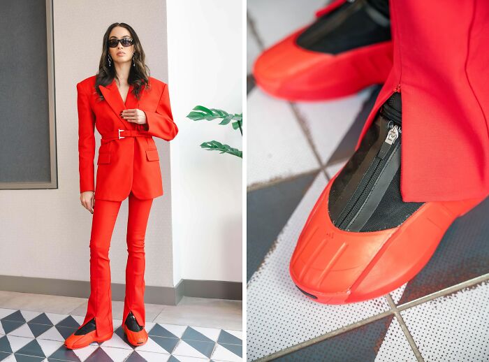 Fashion risk with red suit and unique shoes, confidently styled.