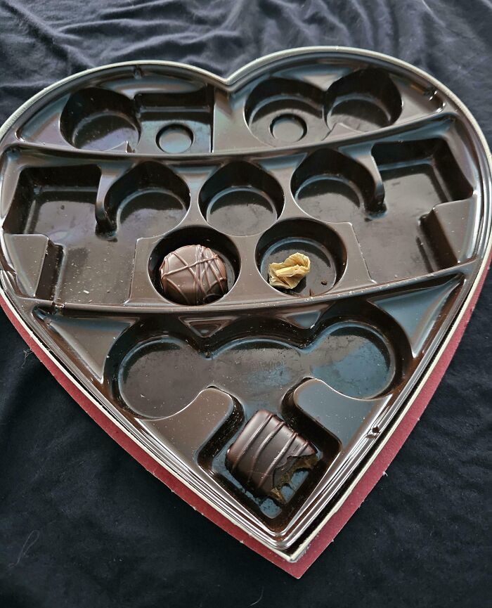 Heart-shaped chocolate box with only a few chocolates left, symbolizing annoying boyfriends or husbands' habits.