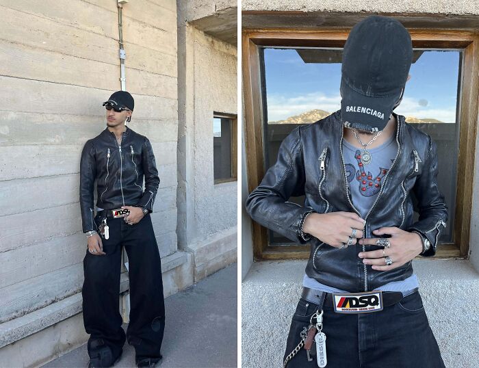Person taking fashion risks in a black leather jacket and cap, styled with unique accessories.
