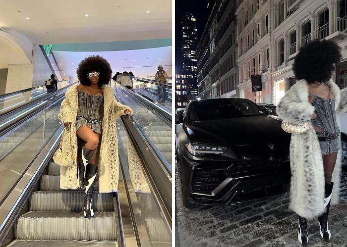 Fashion risk taker wearing leopard coat and bold boots, confidently walking down an escalator and standing beside a luxury car.