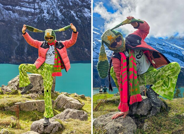 Person taking fashion risks, wearing vibrant patterns with lake and snowy mountains in background.