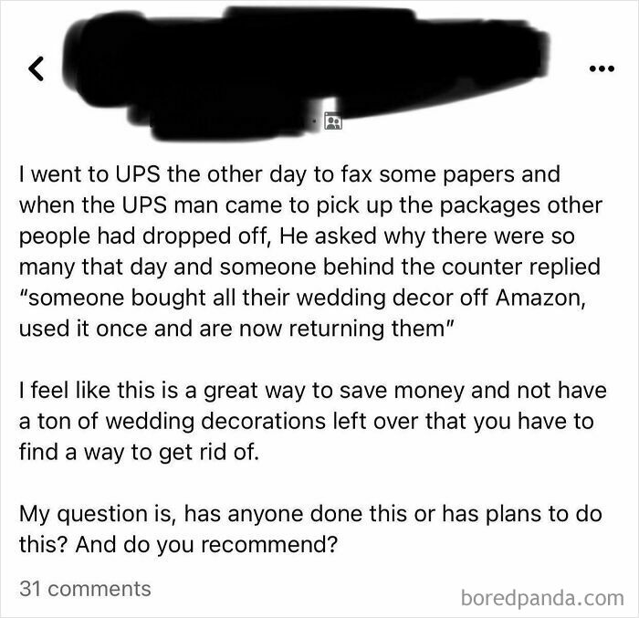Social media post about returning wedding decor as a budget-wedding-fails strategy at UPS for saving money.
