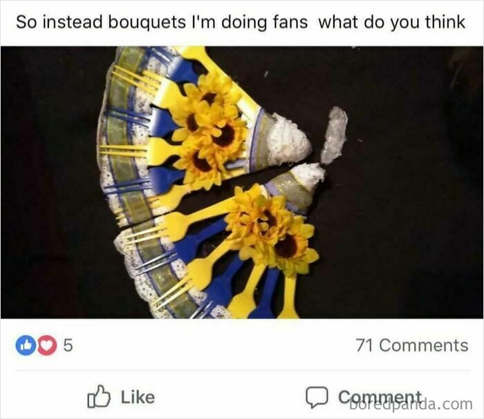 DIY wedding fans made of plastic forks and sunflowers showcasing a budget-wedding project with 71 Facebook comments.