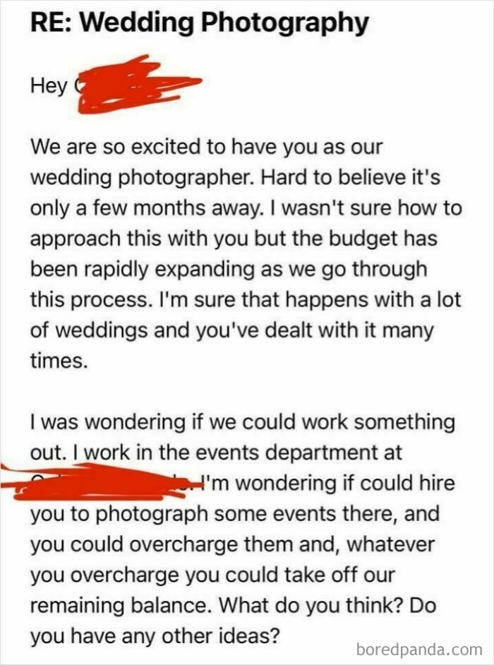 Email discussing budget issues with a wedding photographer, seeking alternative payment ideas.
