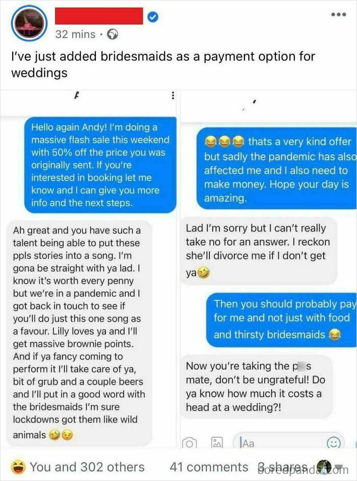 Social media post about budget-wedding fails, featuring humorous text exchange regarding payment options.