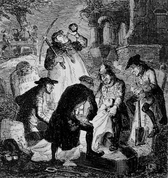 Illustration depicting a group of grave diggers at work, representing jobs that died out as society evolved.