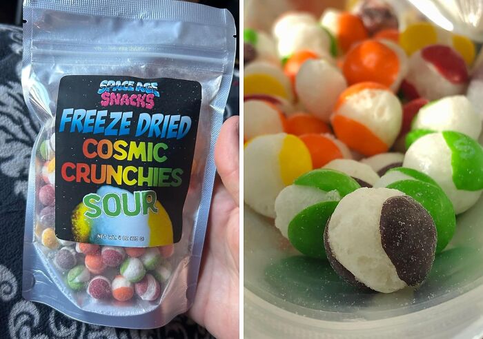 A bag of freeze-dried cosmic crunchies sour snacks, with colorful candies displayed next to it.