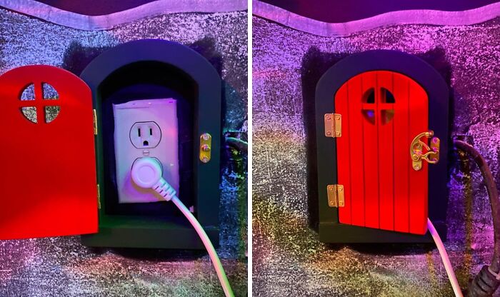 Mini red door covering an electrical outlet, revealing quirky and random home decor.