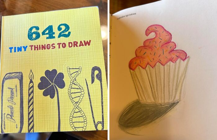 Drawing book "642 Tiny Things to Draw" and a cupcake sketch with pink frosting and sprinkles.