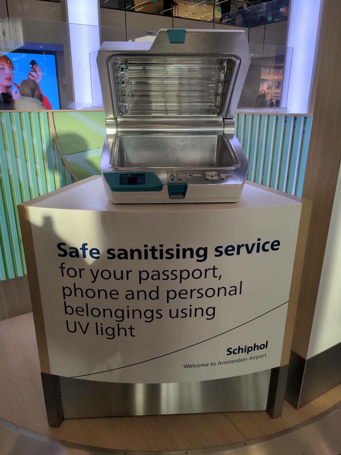 UV sanitizing station at Schiphol Airport offering Tourist-Interesting-Experiences.