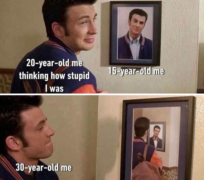 Man reflecting on past self in a humorous meme about growing older, relatable for those barely functioning.