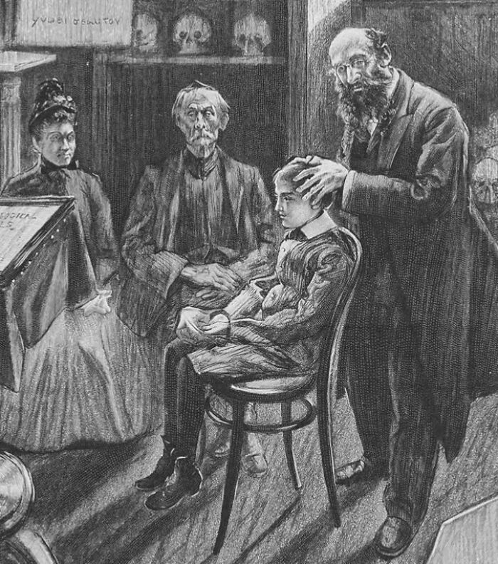 Old illustration depicting a phrenologist examining a child's head, showcasing a job that fell by the wayside.