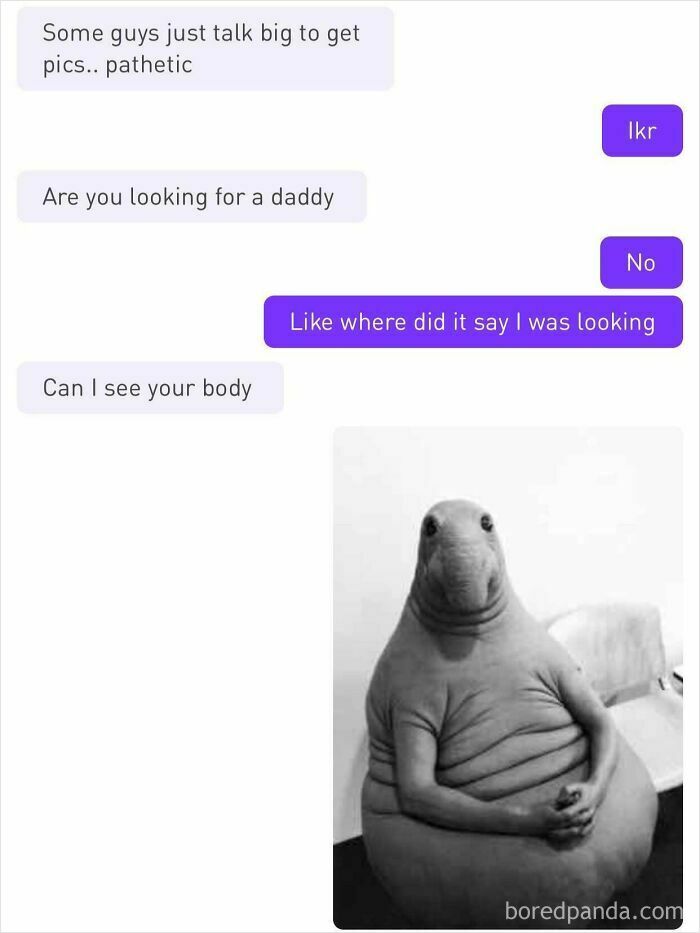 Chat screenshot of a woman rejecting creepy DMs with a funny meme response.
