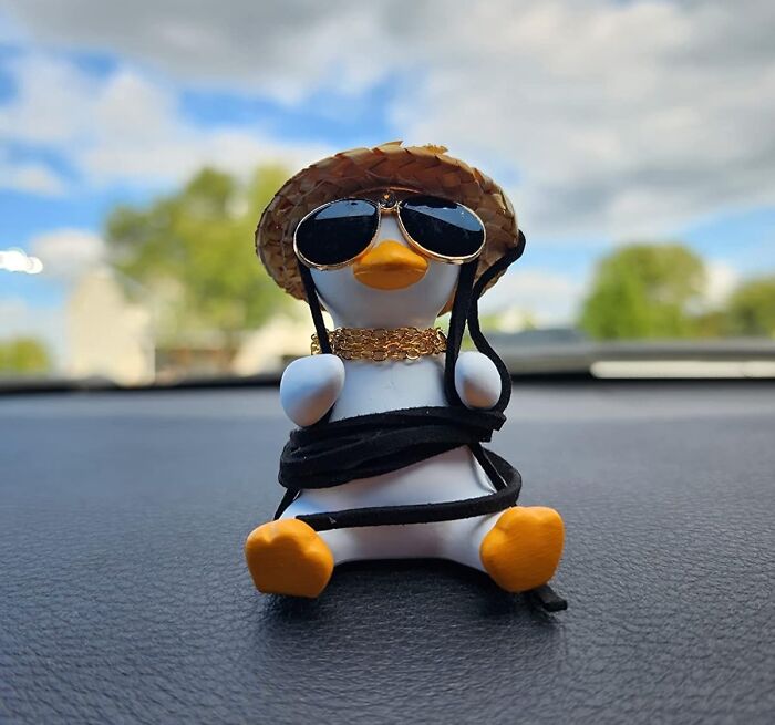 Rubber duck wearing a straw hat and sunglasses on car dashboard, a random thing catching attention.