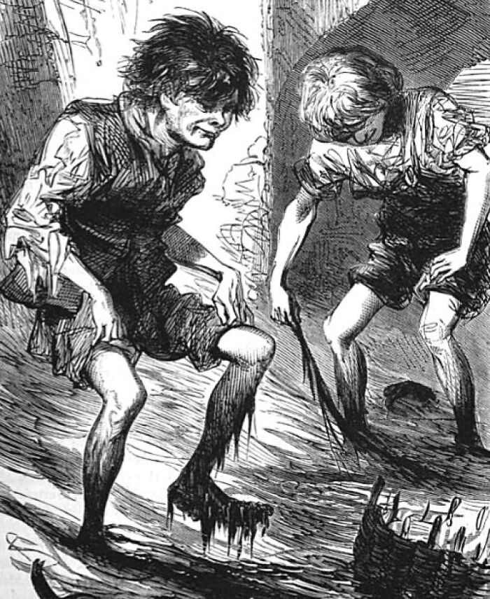 Two historical figures engaged in an obsolete job as human society evolved, illustrating societal change.