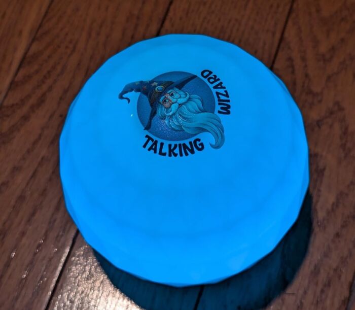 Blue disc labeled "Talking Wizard" on a wooden floor, one of the random things that caught our attention.