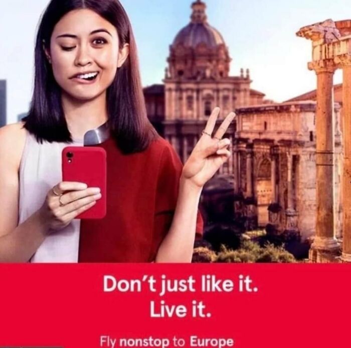 Woman with peace sign in front of Roman landmarks, holding a phone. Design fails in travel marketing.