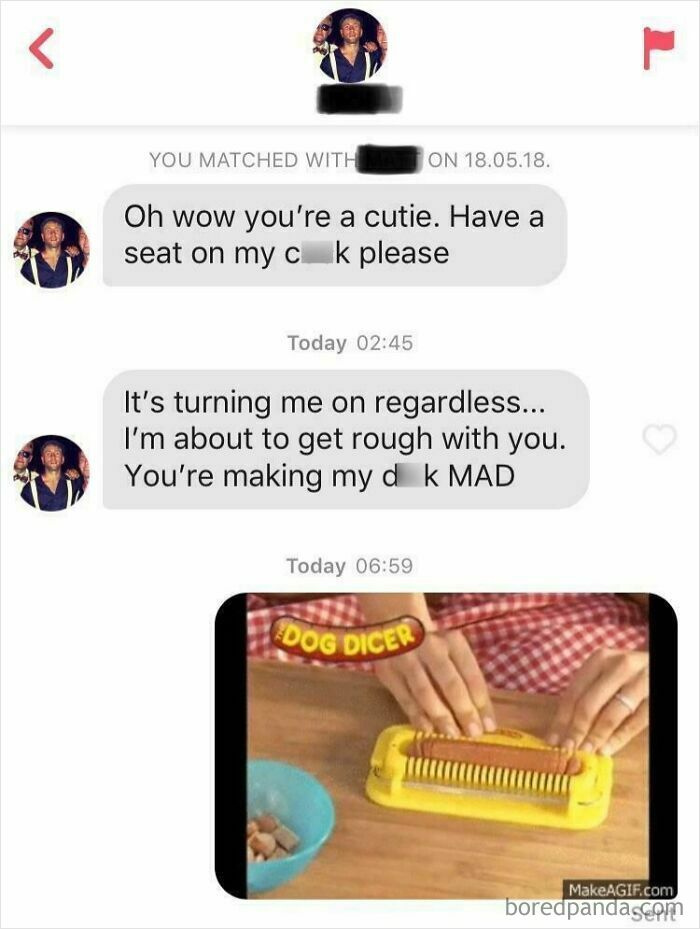 Creepy DMs screenshot exchange with a humorous dog dicer meme response.